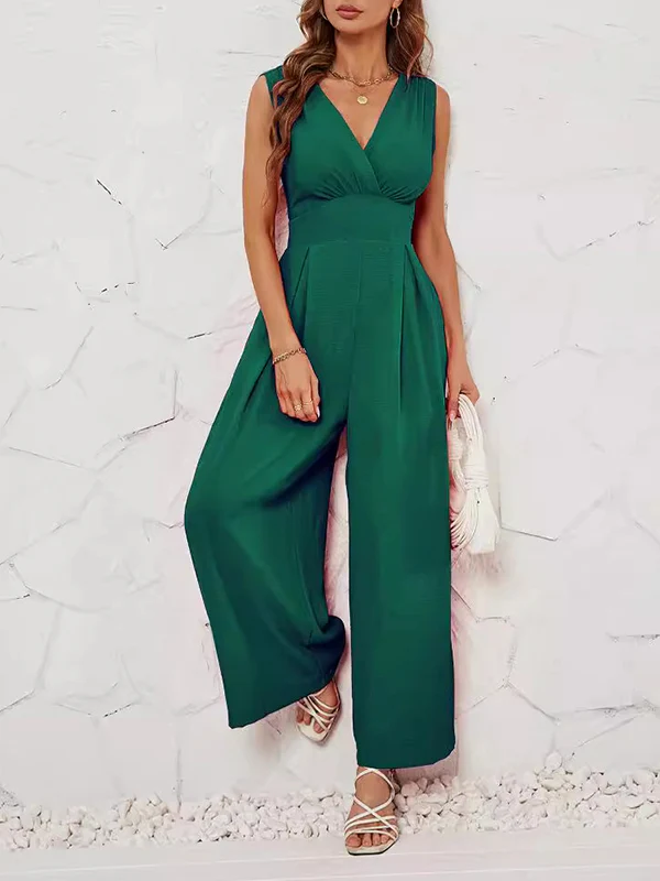 Loose Sleeveless Pleated Solid Color Split-Joint V-Neck Jumpsuits - Image 3