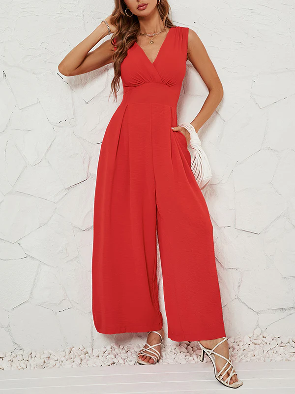 Loose Sleeveless Pleated Solid Color Split-Joint V-Neck Jumpsuits - Image 5