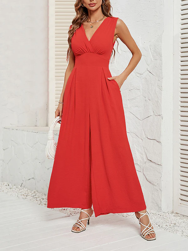 Loose Sleeveless Pleated Solid Color Split-Joint V-Neck Jumpsuits - Image 6