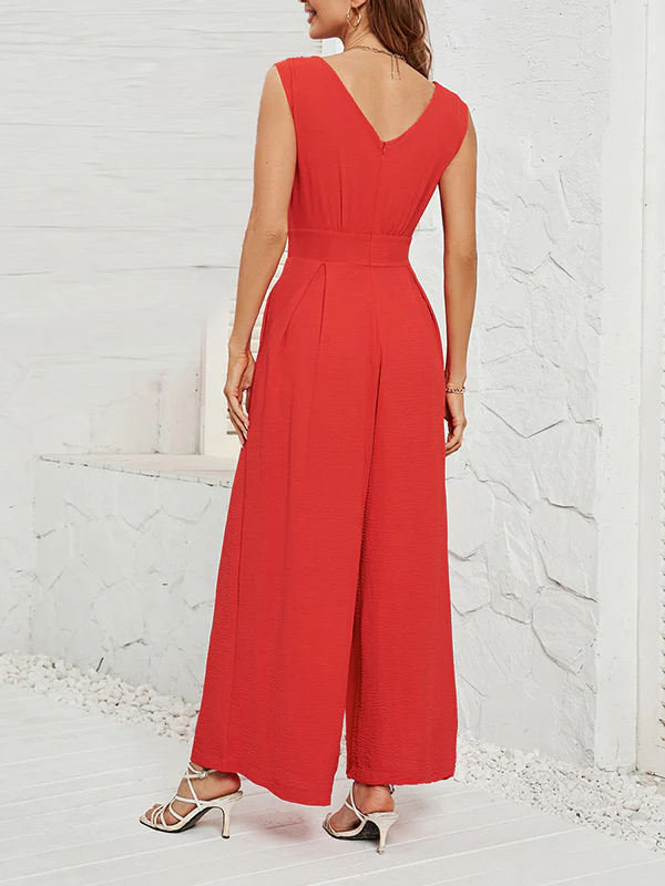 Loose Sleeveless Pleated Solid Color Split-Joint V-Neck Jumpsuits - Image 7