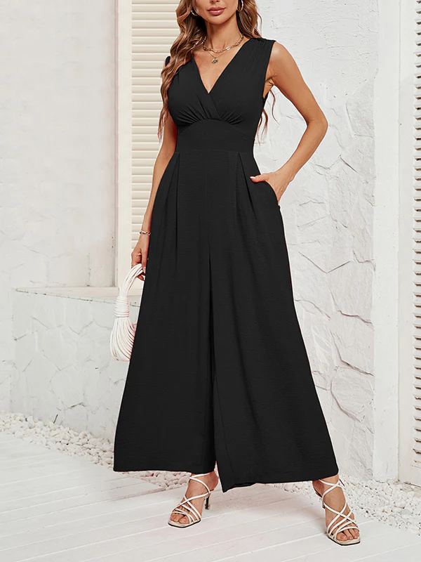 Loose Sleeveless Pleated Solid Color Split-Joint V-Neck Jumpsuits - Image 8
