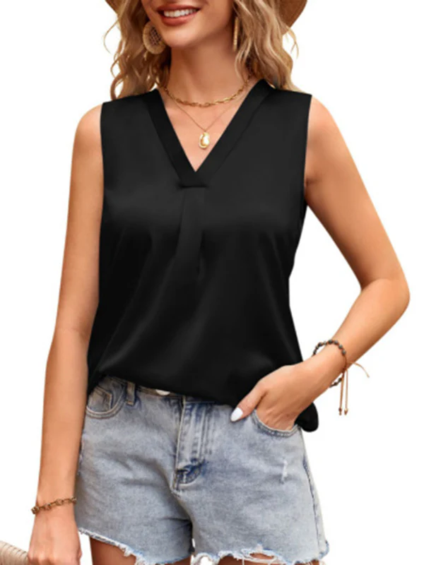 Loose Sleeveless Pleated Solid Color Split-Joint V-Neck Vest Top - Image 2