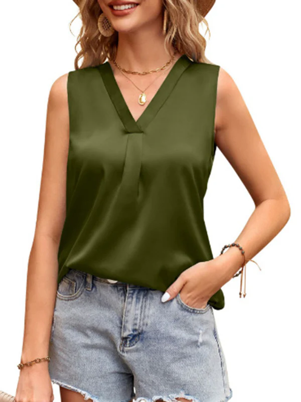 Loose Sleeveless Pleated Solid Color Split-Joint V-Neck Vest Top - Image 6