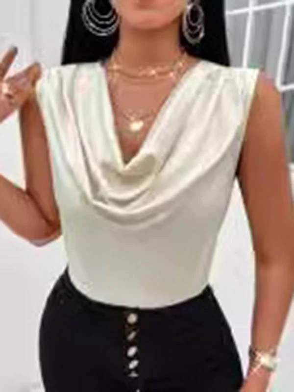 Loose Sleeveless Pleated Solid Color V-Neck Vest Top - Image 2