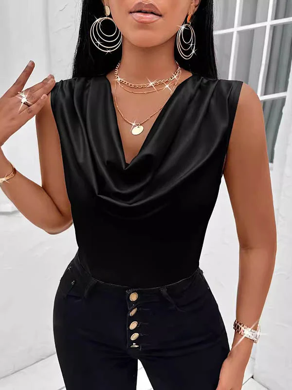 Loose Sleeveless Pleated Solid Color V-Neck Vest Top - Image 3