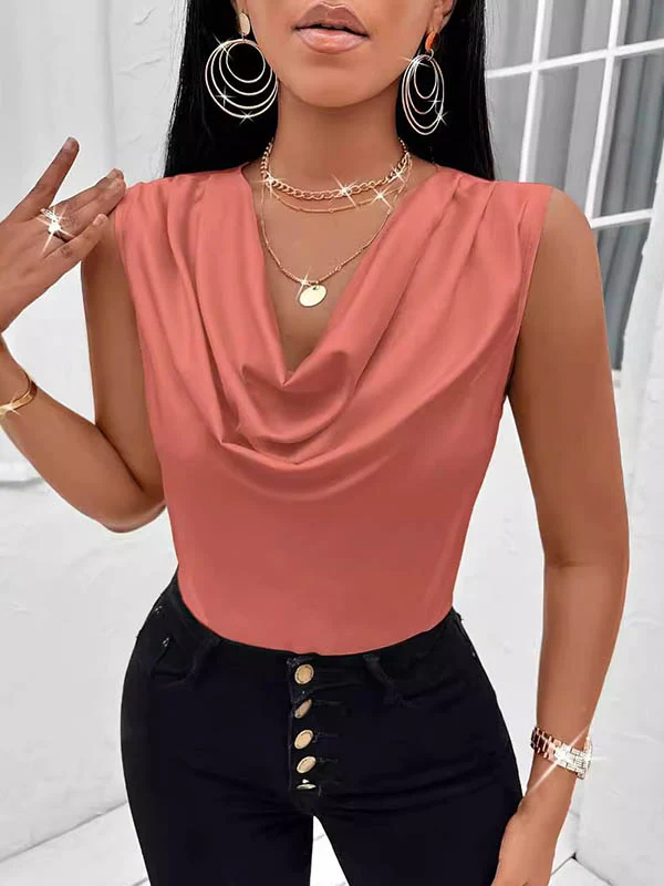Loose Sleeveless Pleated Solid Color V-Neck Vest Top - Image 4