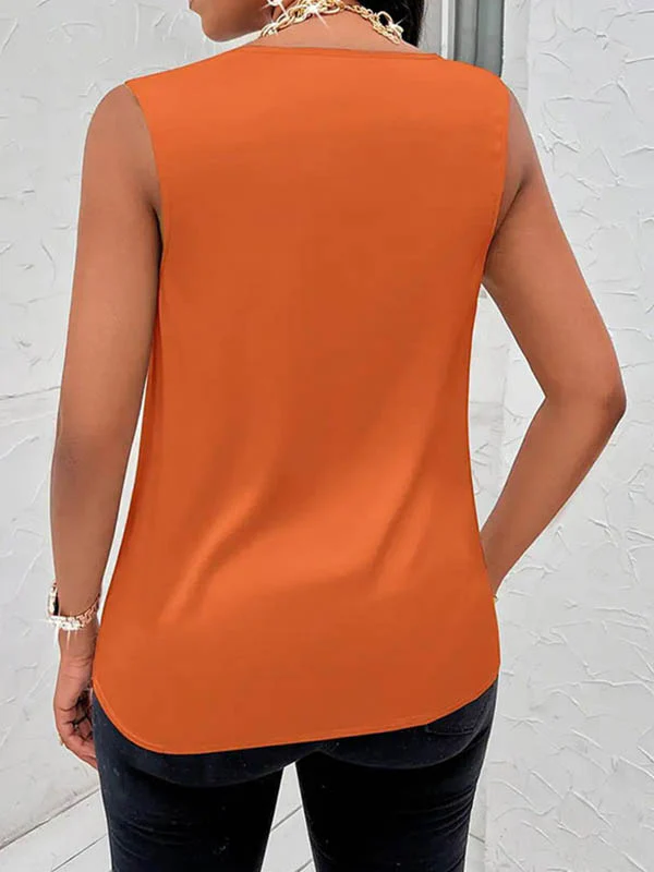 Loose Sleeveless Pleated Solid Color V-Neck Vest Top - Image 8