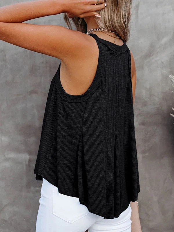 Loose Sleeveless Pleated Solid Color V-Neck Vest Top - Image 12