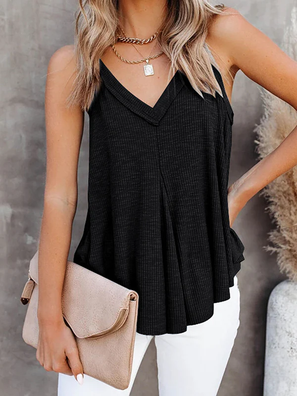 Loose Sleeveless Pleated Solid Color V-Neck Vest Top - Image 13