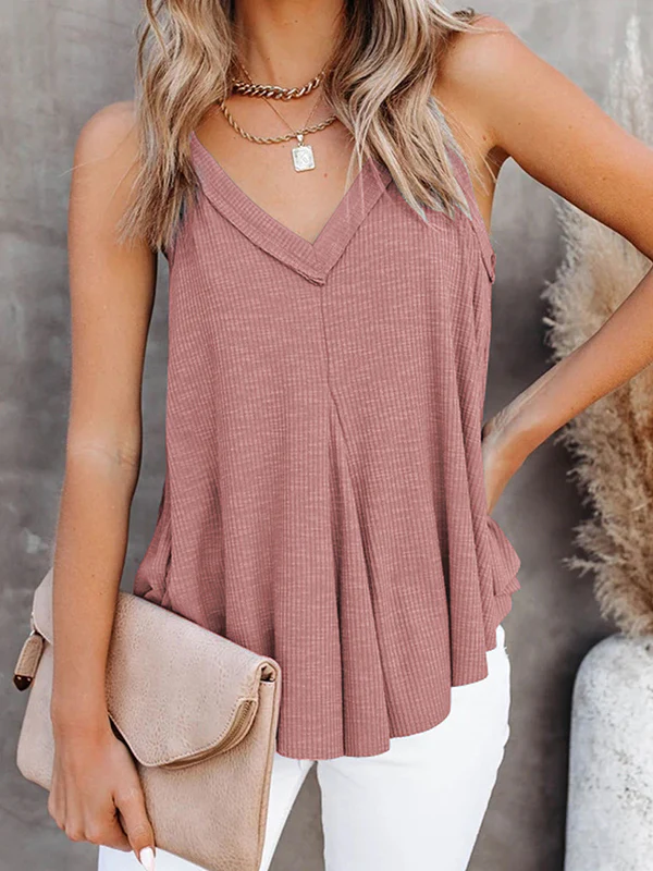 Loose Sleeveless Pleated Solid Color V-Neck Vest Top - Image 2