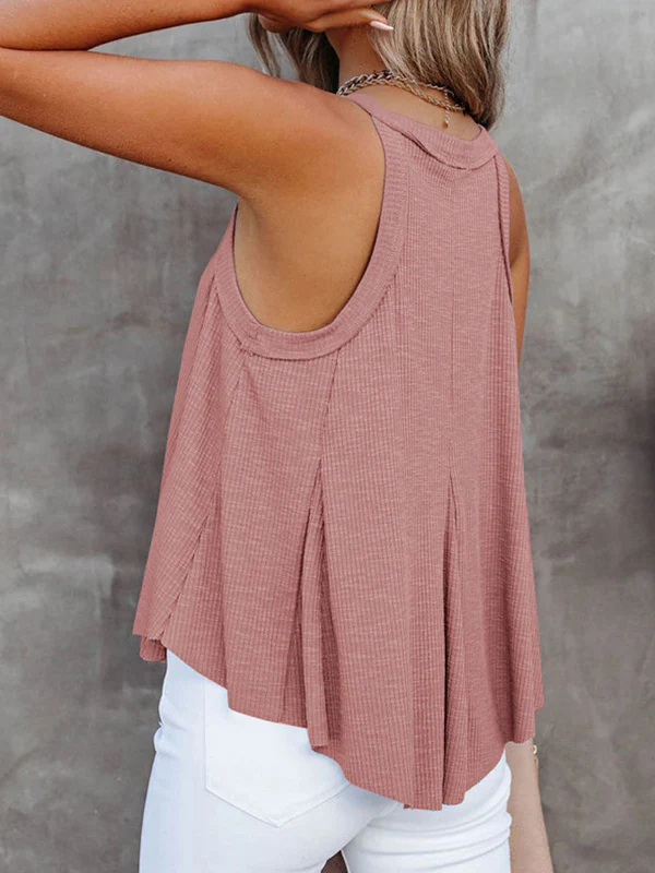 Loose Sleeveless Pleated Solid Color V-Neck Vest Top - Image 6