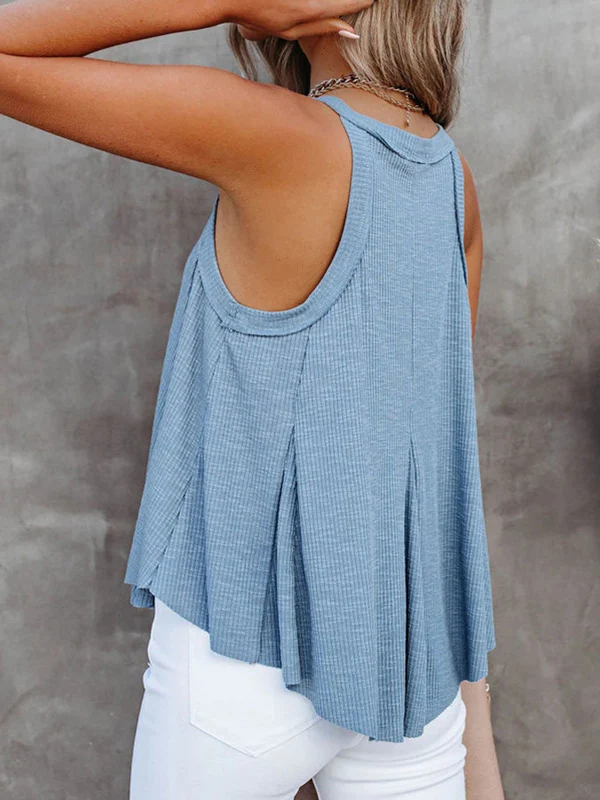 Loose Sleeveless Pleated Solid Color V-Neck Vest Top - Image 9