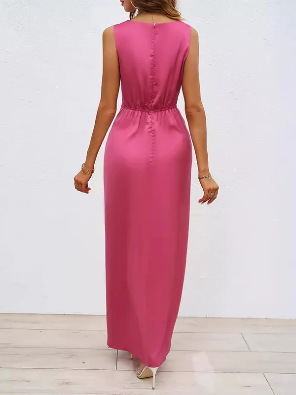Loose Sleeveless Pleated Split-Front Split-Joint V-Neck Maxi Dresses - Image 5