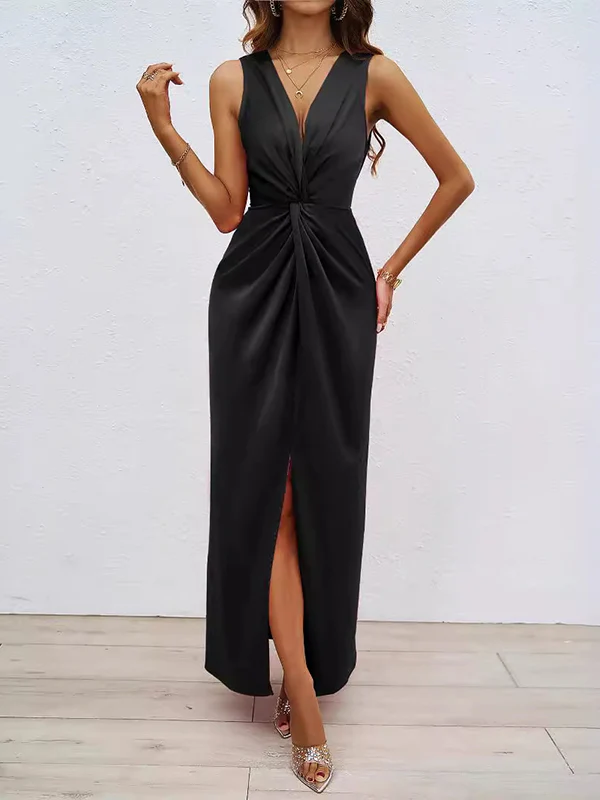 Loose Sleeveless Pleated Split-Front Split-Joint V-Neck Maxi Dresses - Image 7