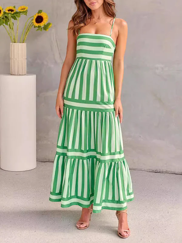 Loose Sleeveless Pleated Split-Joint Striped Spaghetti-Neck Maxi Dresses - Image 2