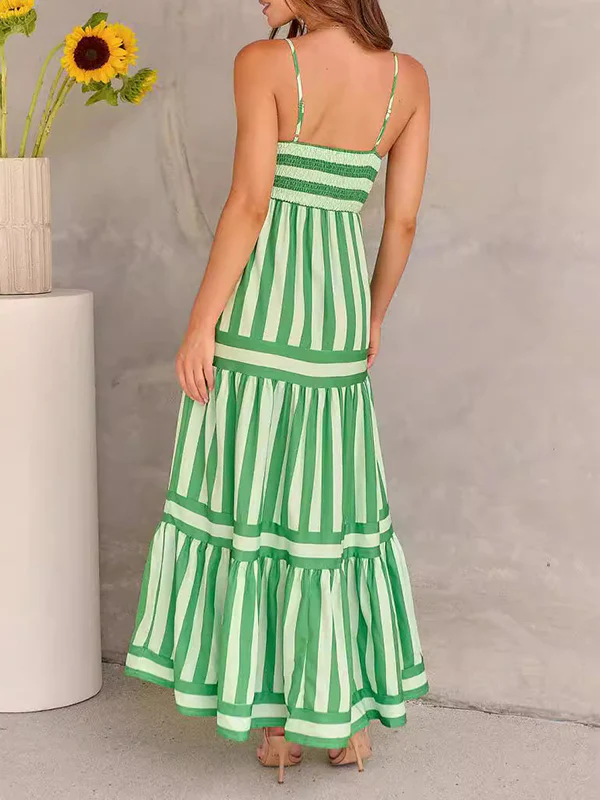Loose Sleeveless Pleated Split-Joint Striped Spaghetti-Neck Maxi Dresses - Image 3