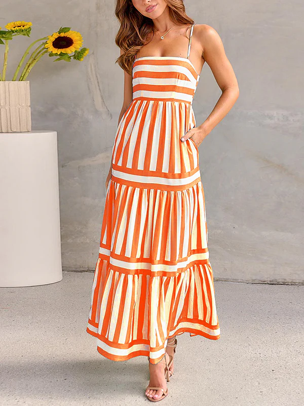 Loose Sleeveless Pleated Split-Joint Striped Spaghetti-Neck Maxi Dresses - Image 5