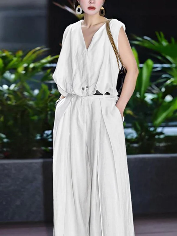 Loose Sleeveless Pleated Split-Joint V-Neck Blouses&Shirts Tops - Image 2