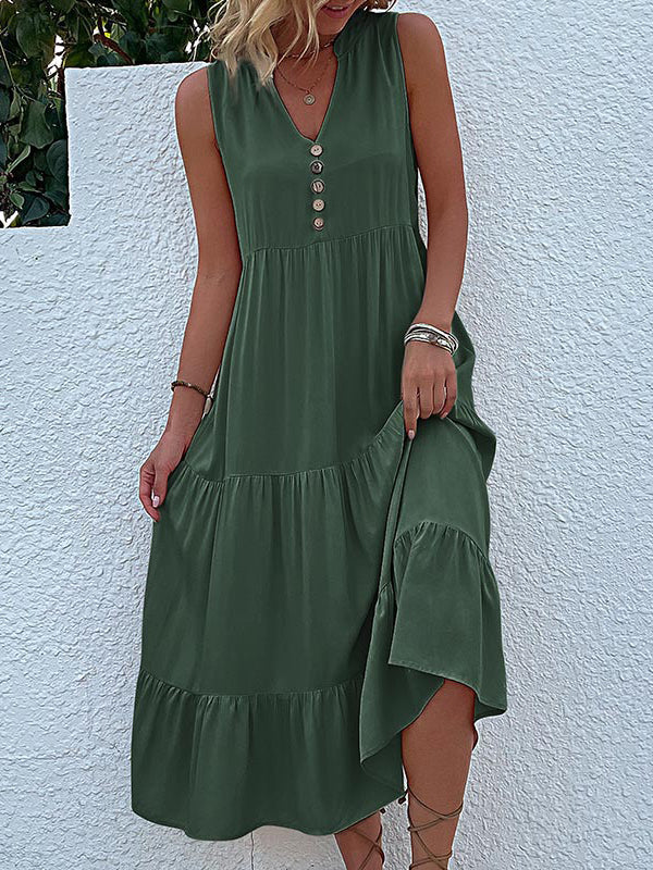 Loose Sleeveless Pleated Split-Joint V-Neck Midi Dresses - Image 10