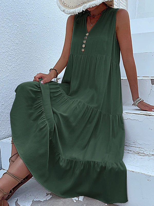 Loose Sleeveless Pleated Split-Joint V-Neck Midi Dresses - Image 11
