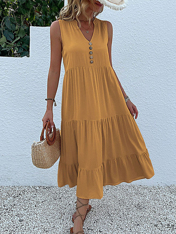 Loose Sleeveless Pleated Split-Joint V-Neck Midi Dresses - Image 12