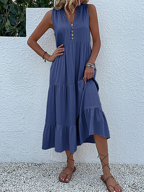 Loose Sleeveless Pleated Split-Joint V-Neck Midi Dresses - Image 13
