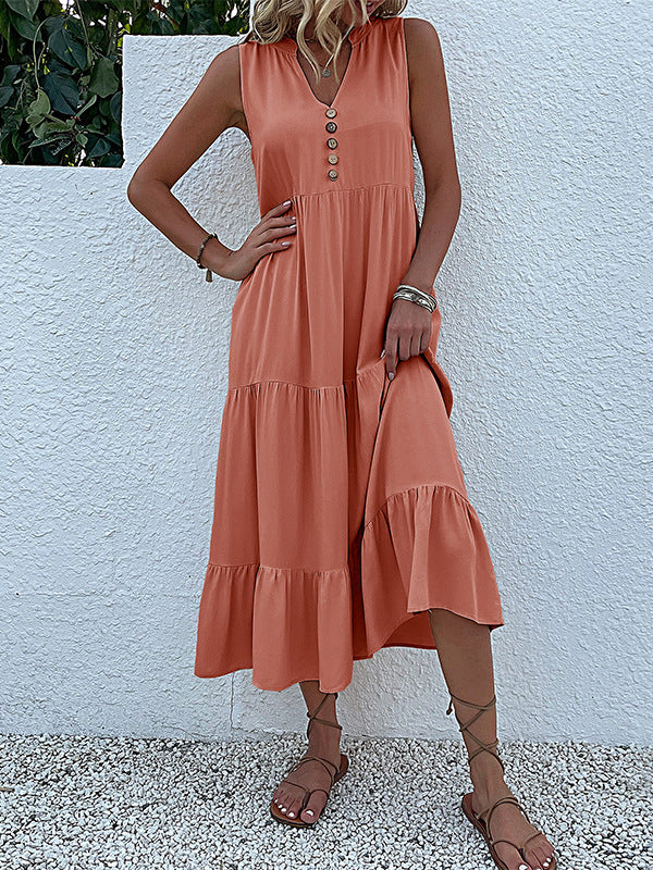 Loose Sleeveless Pleated Split-Joint V-Neck Midi Dresses - Image 14