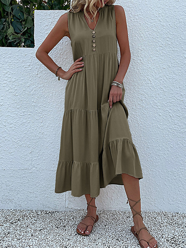 Loose Sleeveless Pleated Split-Joint V-Neck Midi Dresses - Image 15