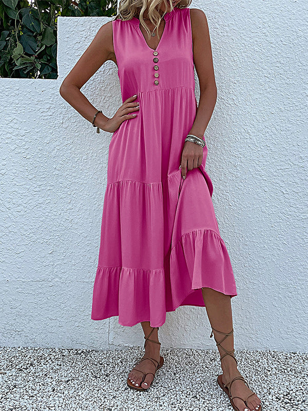 Loose Sleeveless Pleated Split-Joint V-Neck Midi Dresses - Image 16