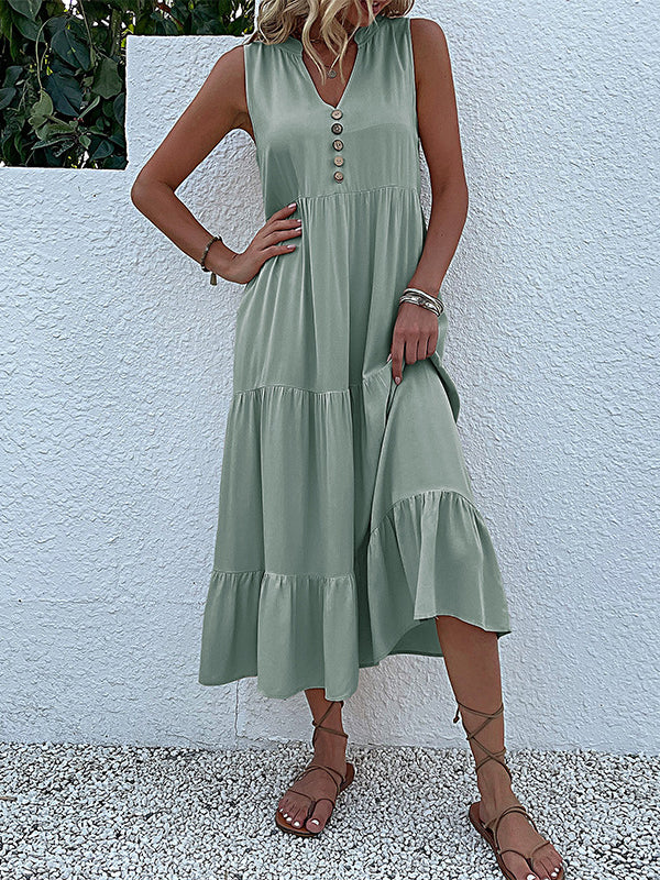 Loose Sleeveless Pleated Split-Joint V-Neck Midi Dresses - Image 17