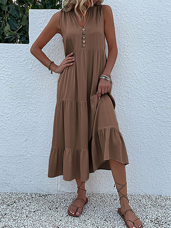 Loose Sleeveless Pleated Split-Joint V-Neck Midi Dresses - Image 18