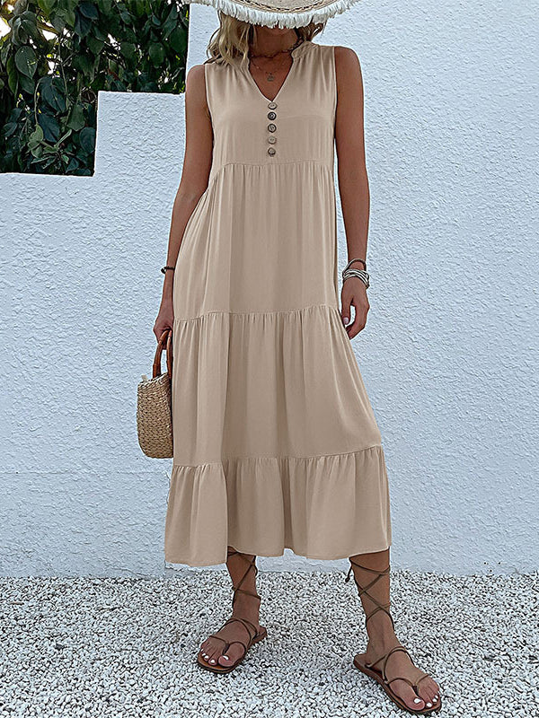 Loose Sleeveless Pleated Split-Joint V-Neck Midi Dresses - Image 19