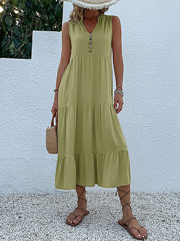 Loose Sleeveless Pleated Split-Joint V-Neck Midi Dresses - Image 20