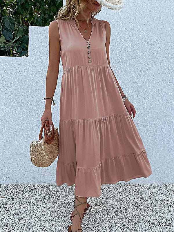Loose Sleeveless Pleated Split-Joint V-Neck Midi Dresses - Image 21
