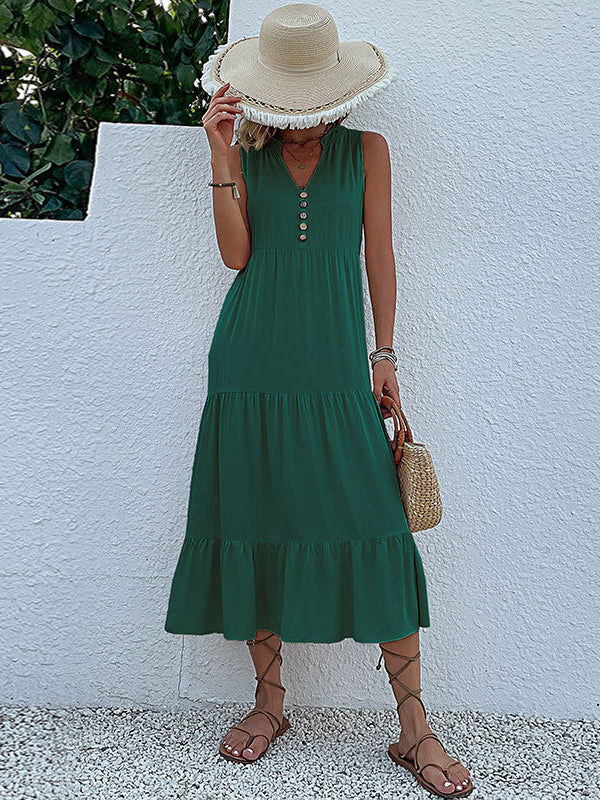 Loose Sleeveless Pleated Split-Joint V-Neck Midi Dresses - Image 22
