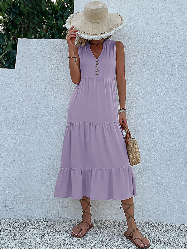 Loose Sleeveless Pleated Split-Joint V-Neck Midi Dresses - Image 24