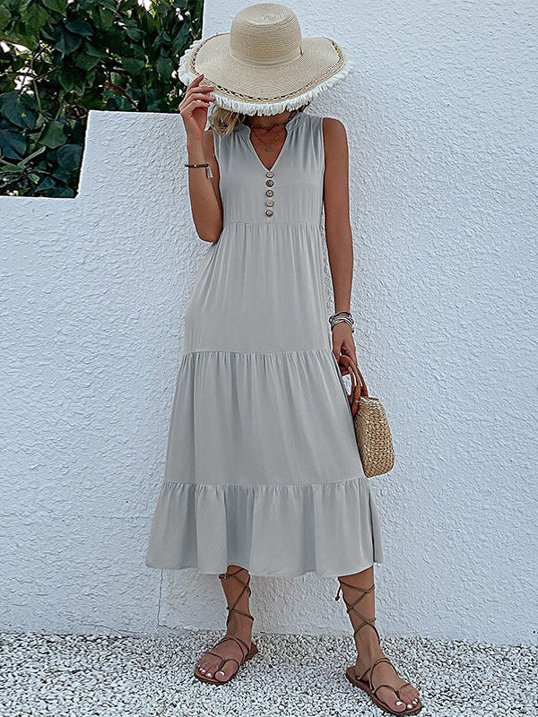 Loose Sleeveless Pleated Split-Joint V-Neck Midi Dresses - Image 25