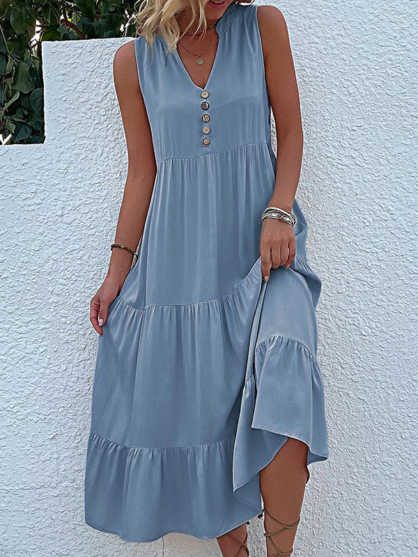 Loose Sleeveless Pleated Split-Joint V-Neck Midi Dresses - Image 3