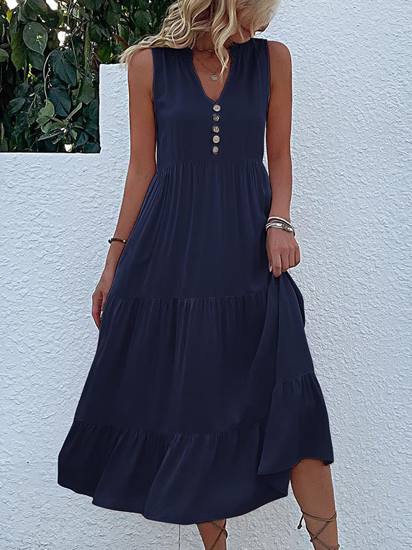 Loose Sleeveless Pleated Split-Joint V-Neck Midi Dresses - Image 4
