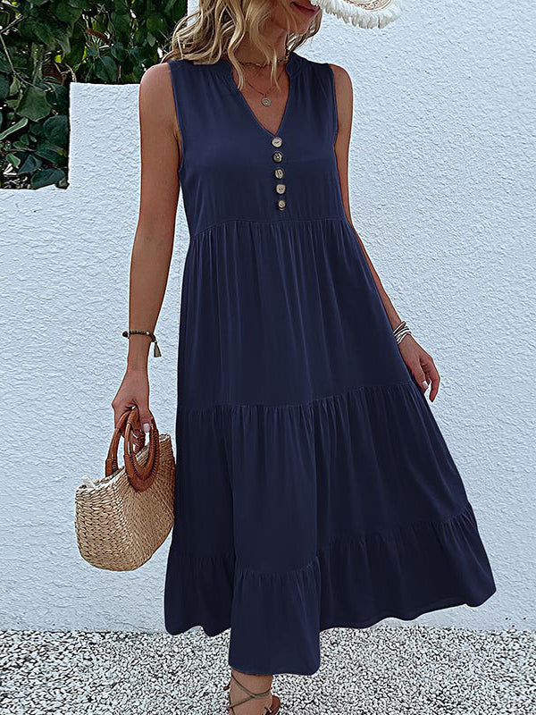 Loose Sleeveless Pleated Split-Joint V-Neck Midi Dresses - Image 5
