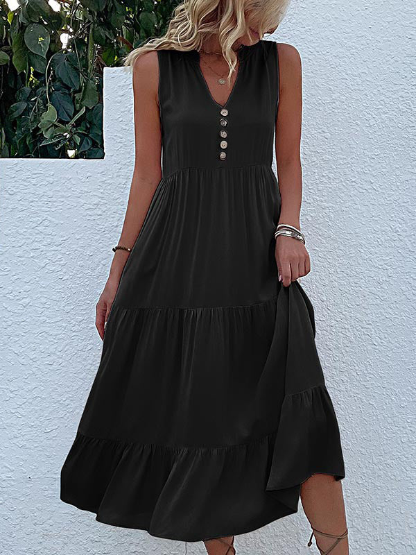 Loose Sleeveless Pleated Split-Joint V-Neck Midi Dresses - Image 6