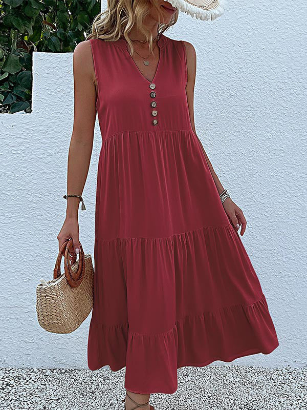 Loose Sleeveless Pleated Split-Joint V-Neck Midi Dresses - Image 7