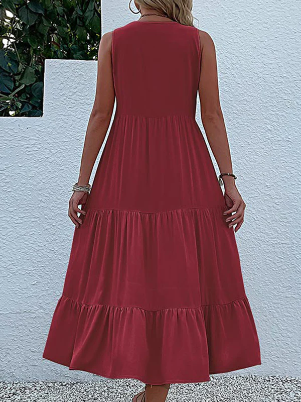 Loose Sleeveless Pleated Split-Joint V-Neck Midi Dresses - Image 8