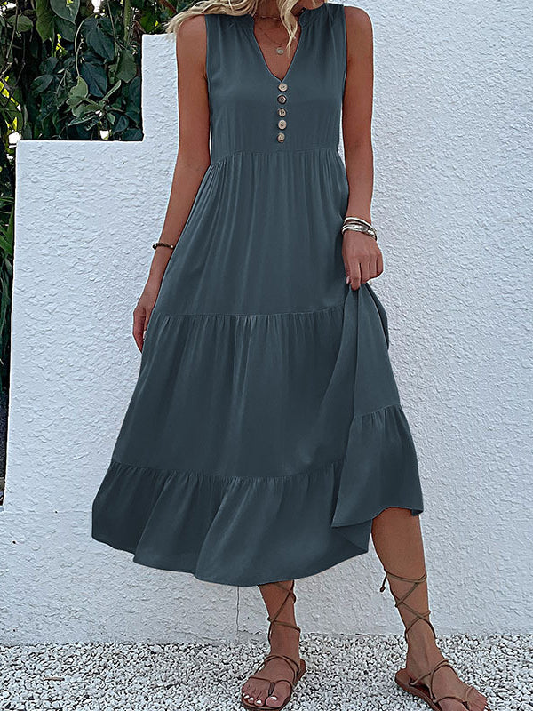 Loose Sleeveless Pleated Split-Joint V-Neck Midi Dresses - Image 9