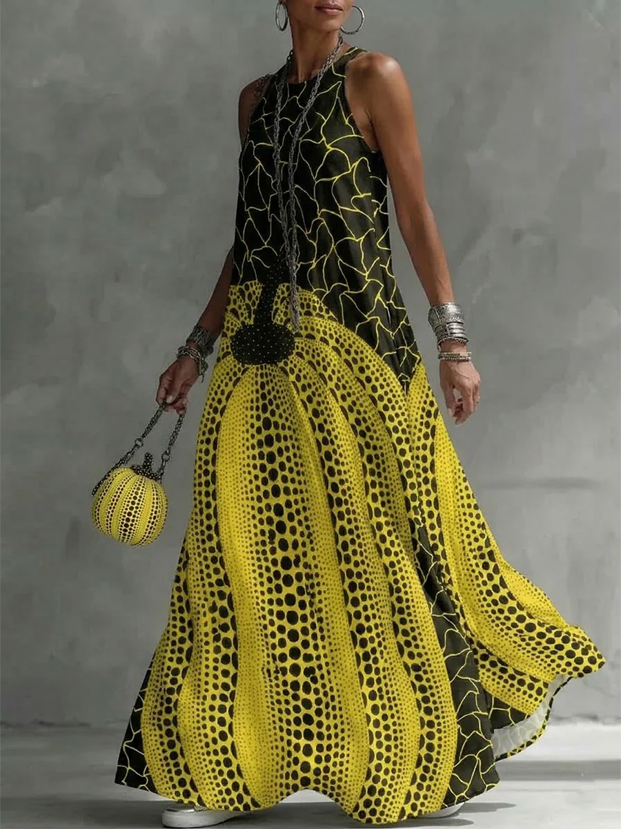 Loose Sleeveless Pockets Polka-Dot Printed Round-Neck Maxi Dresses - Image 2