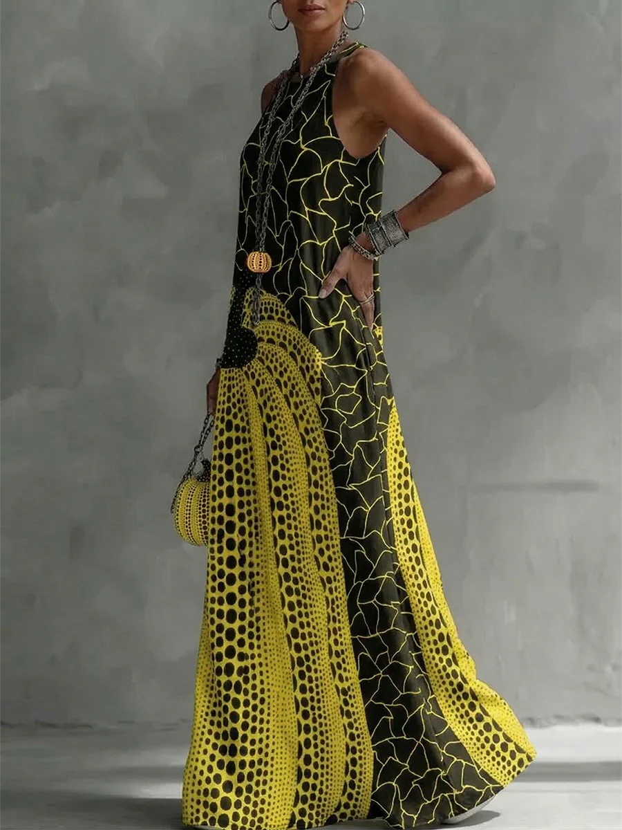 Loose Sleeveless Pockets Polka-Dot Printed Round-Neck Maxi Dresses - Image 3