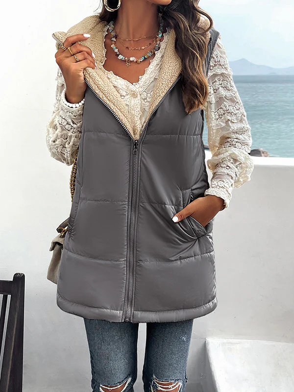 Loose Sleeveless Pockets Quilted Reversible Zipper Hooded Padded Vest Vest Outerwear - Image 12