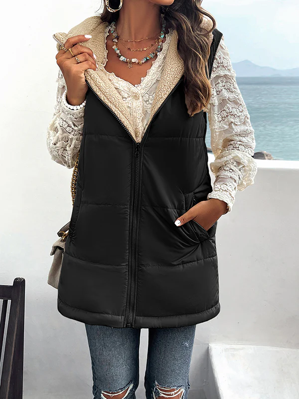 Loose Sleeveless Pockets Quilted Reversible Zipper Hooded Padded Vest Vest Outerwear - Image 14