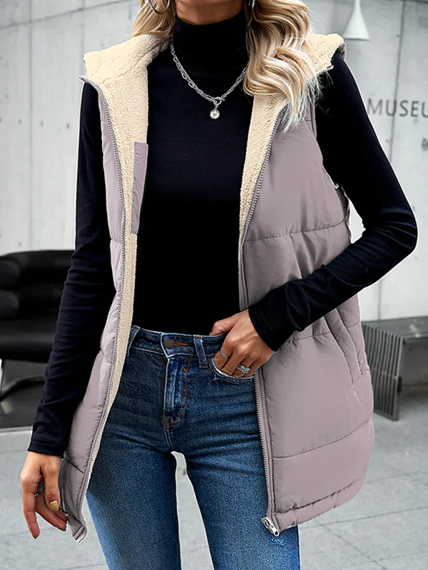 Loose Sleeveless Pockets Quilted Reversible Zipper Hooded Padded Vest Vest Outerwear - Image 17