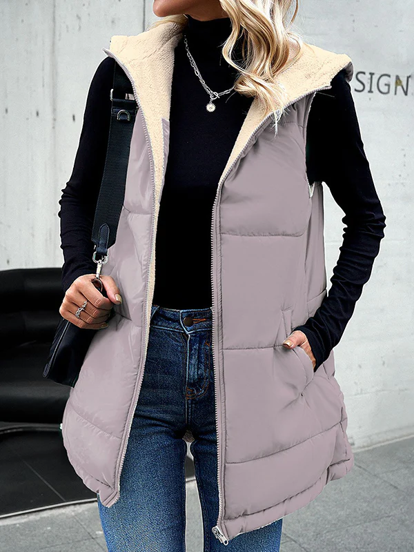 Loose Sleeveless Pockets Quilted Reversible Zipper Hooded Padded Vest Vest Outerwear - Image 2